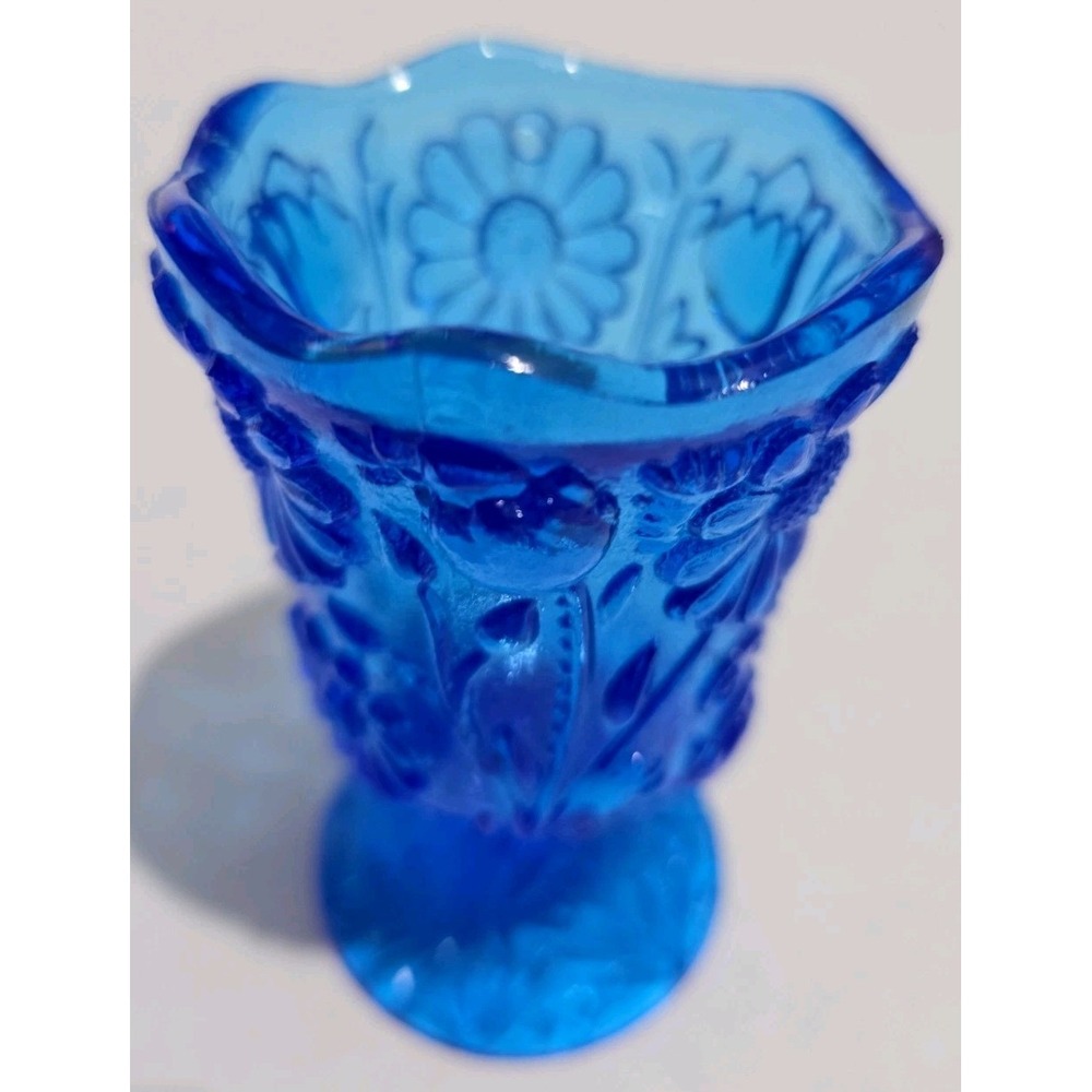 Vintage 80s Cobalt Blue Glass Daisy Toothpick Holder 4" Boho Footed Bud Vase - Picture 4 of 5